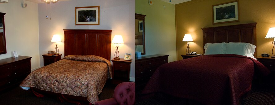 Before, left, and after, right, picture of the Dyess Inn bedroom. Inns of Dyess recently completed the last of its renovation projects. Enhancements to the building include a new paint job, carpet, vanities, counter tops, TVs, DVD players, mattress sets, sofas, lounge chairs and desk chairs. The renovation began in December 2010 and ended on Feb. 8, 2012. The two-year project upgraded the interior of building 6240, 7407 and 7409. Building 7409 will officially re-open April 9, with a ribbon-cutting ceremony. (U.S. Air Force photos by Airman 1st Class Damon Kasberg/Released)