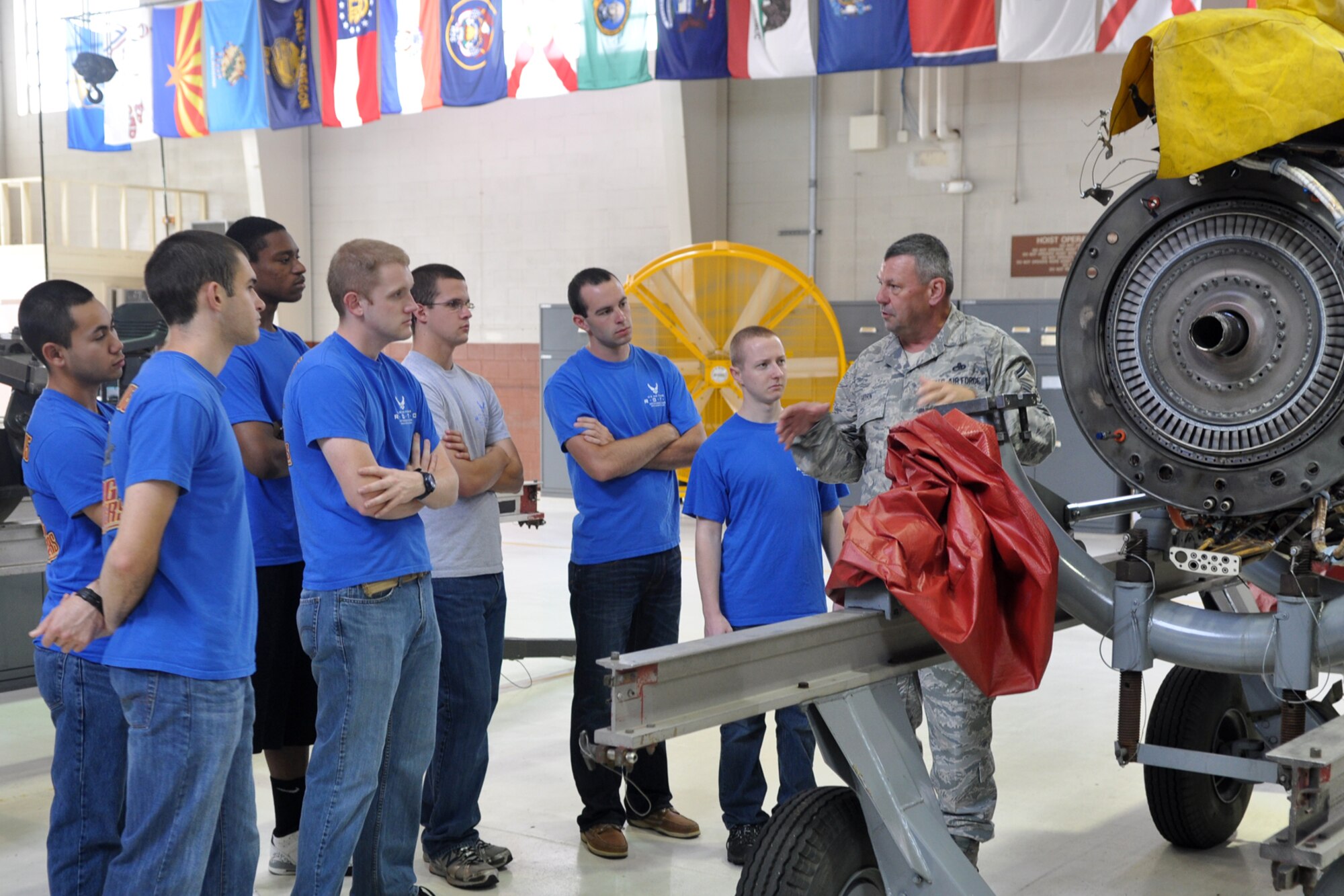 A group of cadets from the AFROTC Detachment, 305th Airpower Group, Louisiana Tech University, receive a briefing from Senior Master Sgt. Alan Horn, TF-34 propulsion flight supervisor, about the capabilities of the A-10 TF-34 engine at the 917th Propulsion Shop during their visit to Barksdale Air Force Base, La., March 31, 2012. The cadets received several different briefings about the A-10 Thunderbolt II during their visit to Barksdale. (U.S. Air Force photo by Master Sgt. Jeff Walston/Released)