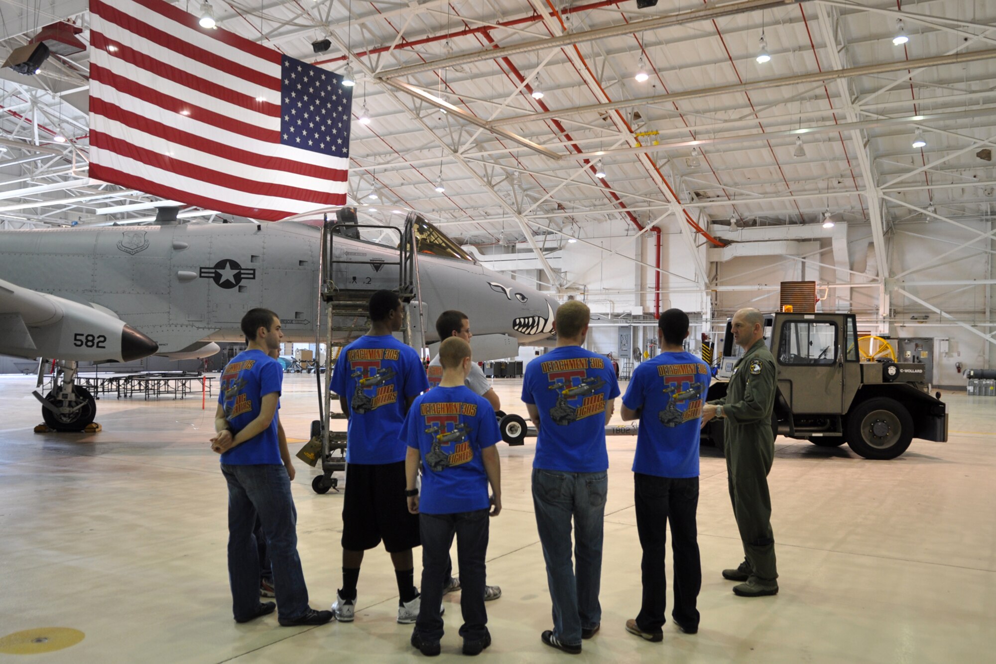 A group of cadets from the AFROTC Detachment, 305th Airpower Group, Louisiana Tech University, receive a briefing from Maj. LaRue Russell, an A-10 Thunderbolt II pilot assigned to the 47th Fighter Squadron, about the capabilities of the A-10 during their visit to Barksdale Air Force Base, La., March 31, 2012. The cadets visited Barksdale to get a look at one of their possible futures. (U.S. Air Force photo by Master Sgt. Jeff Walston/Released)