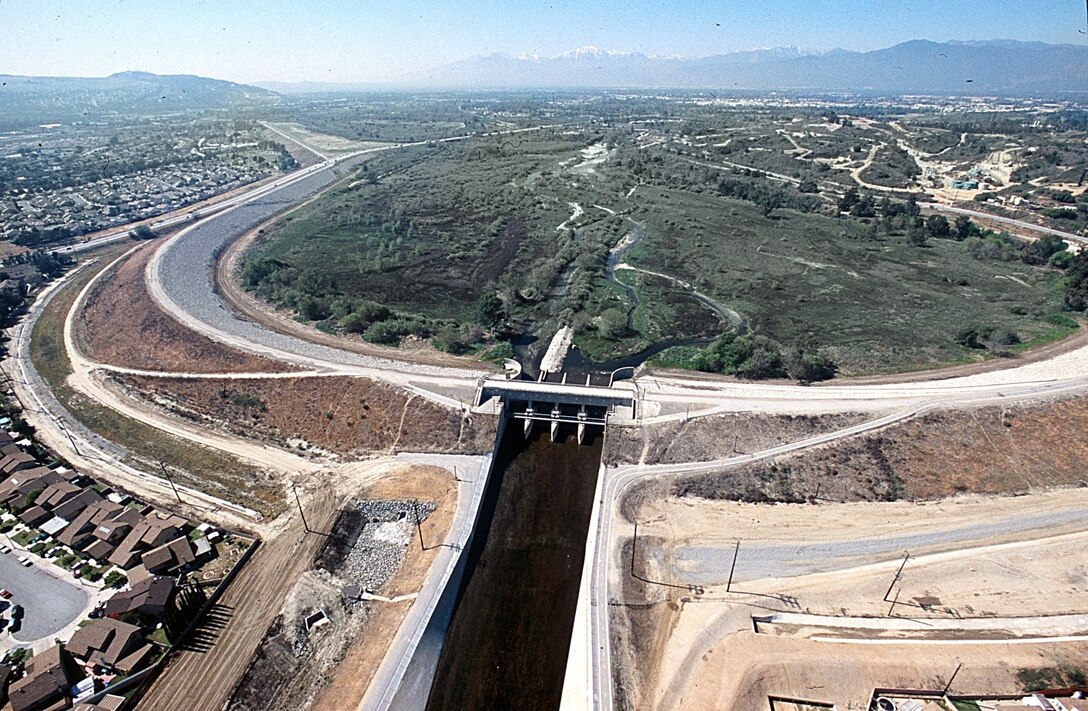 View of Whittier Narrows Dam from downstream looking upstream.