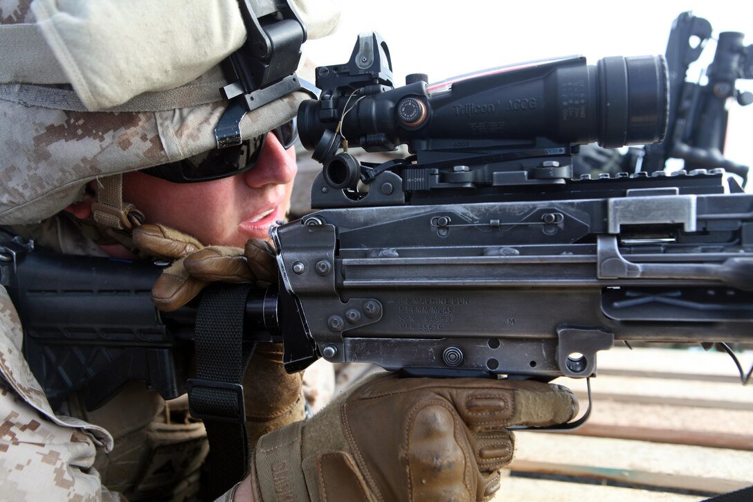 Lance Cpl. Corey Gray, a rifleman with Charlie Company, Battalion Landing Team 1st Battalion, 2nd Marine Regiment, 24th Marine Expeditionary Unit, fires his M-249 squad automatic weapon during a live-fire training exercise to confirm his weapons windage and elevation settings, or battlesight zero, on the ship's flight deck as they sail across the Atlantic Ocean, April 4, 2012. The 24th MEU, partnered with the Navy's Iwo Jima Amphibious Ready Group, is deploying to the European and Central Command theaters of operation to serve as a theater reserve and crisis response force capable of a variety of missions from full-scale combat operations to humanitarian assistance and disaster relief.