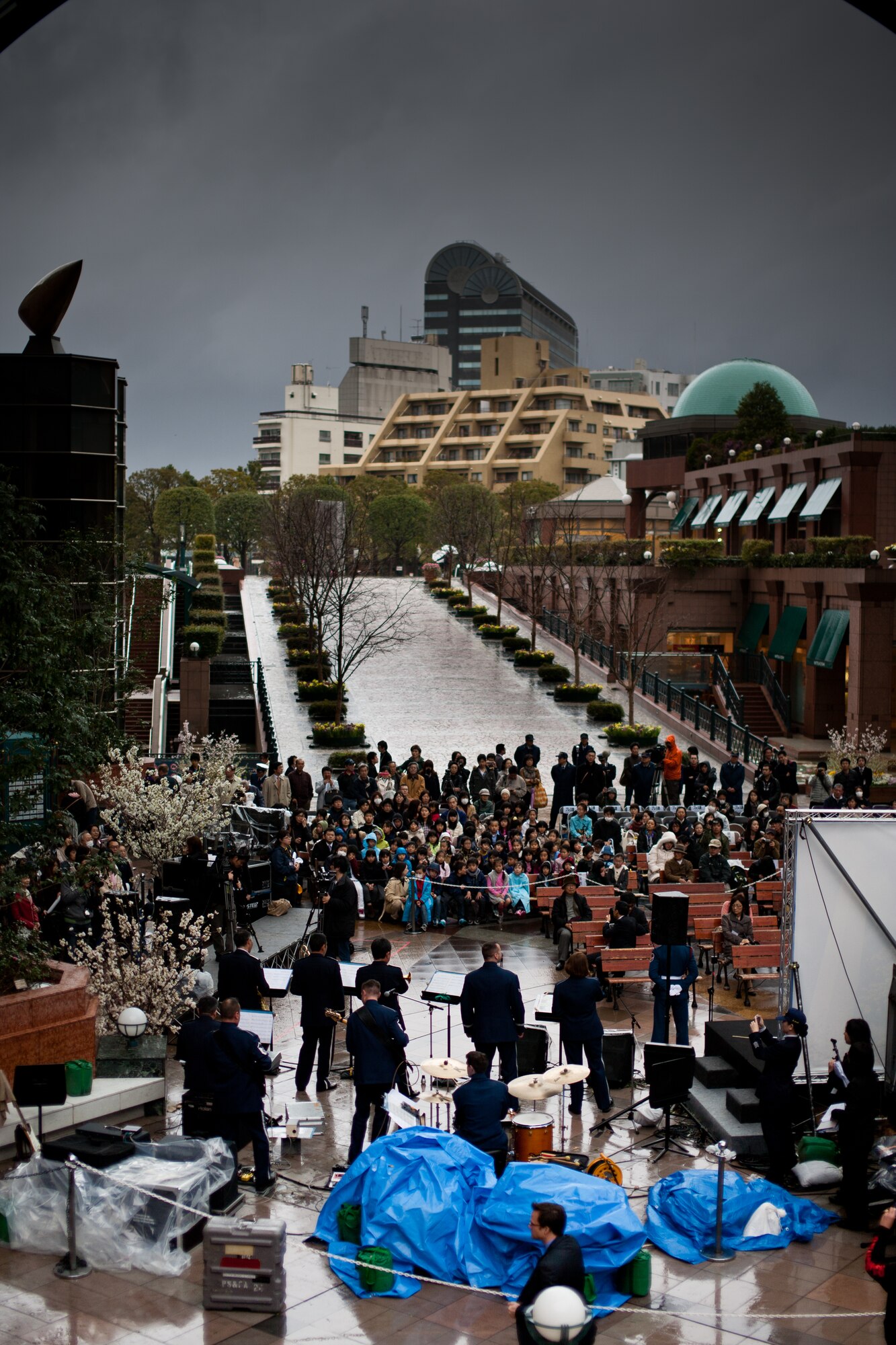 EBISU GARDEN PLACE, Japan -- Band of the Pacific-Asia jazz combo "Final Approach" plays for over 250 people at the Cherry Blossom Centennial opening, Ebisu Garden Place, Tokyo, Japan, Mar. 31, 2012. Despite the weather, Final Approach successfully completed thier mission with much audience participation. (U.S. Air Force photo/Staff Sgt. Josh Voyles)