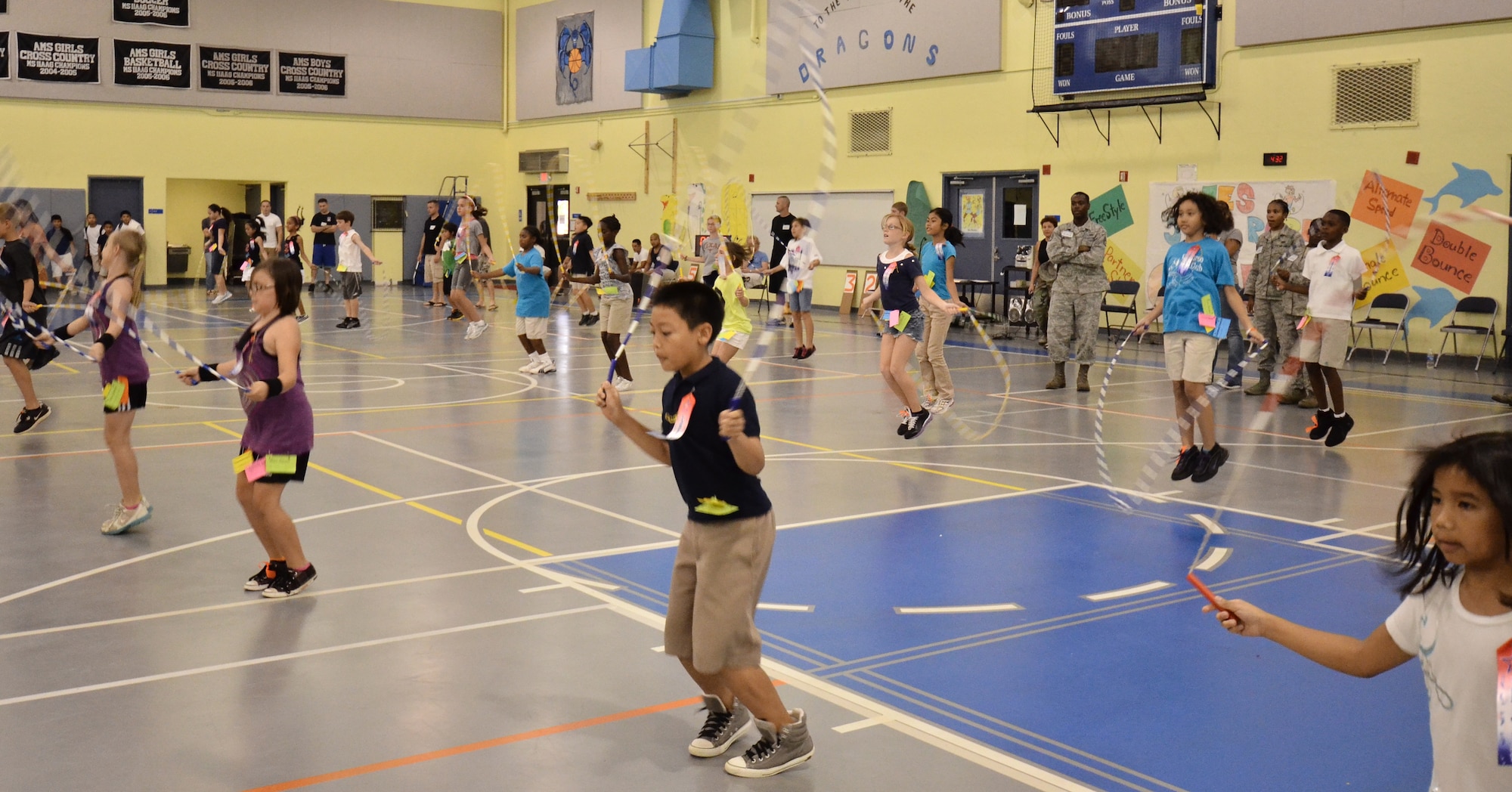 ANDERSEN AIR FORCE BASE—Children from Andersen Air Force Base elementary and middle school participate in a jump rope competition April 5. There were over 130 participants and five categories during the event. (U.S. Air Force photo by Staff Sgt. Alexnadre Montes/RELEASED) 