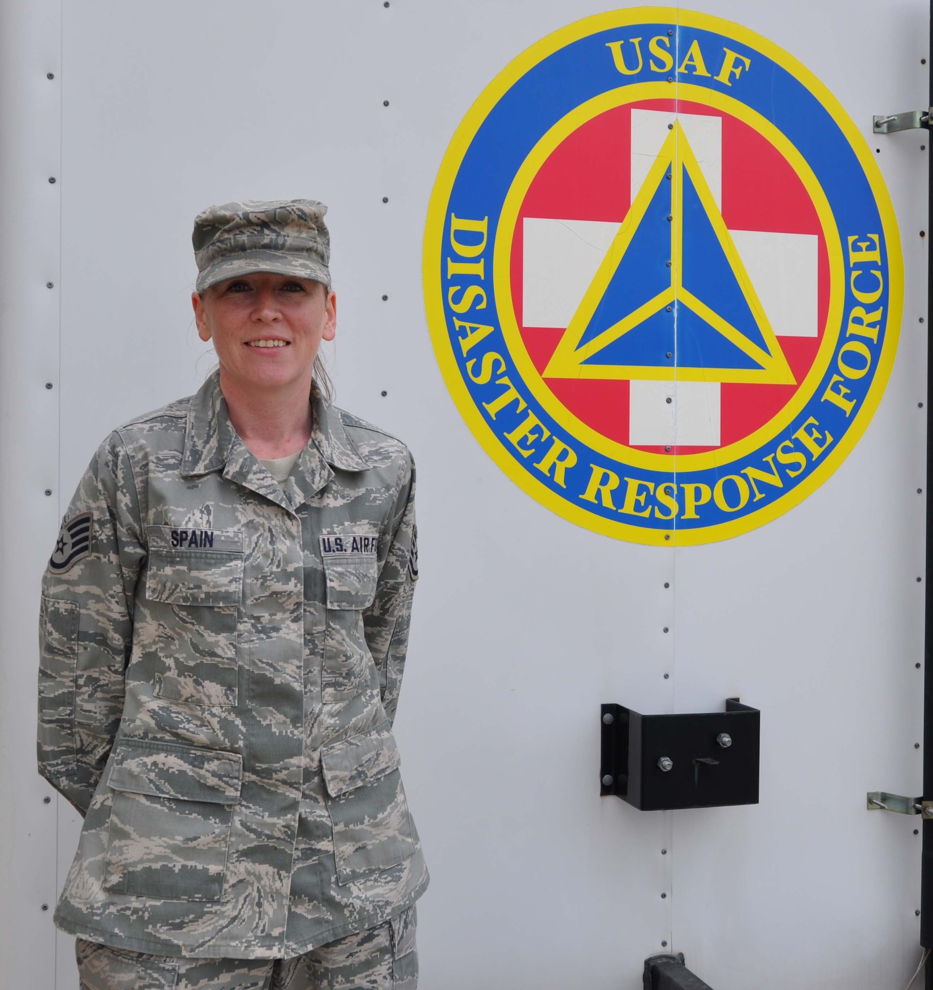 Staff Sgt. Stacey Spain, an Emergency Management Air Reserve Technician assigned to the 931st Air Refueling Group, McConnell Air Force Base, Kan., shares her firsthand knowledge of tornado safety, April 5, 2012.  (U.S. Air Force photo by 1st Lt. Zach Anderson)