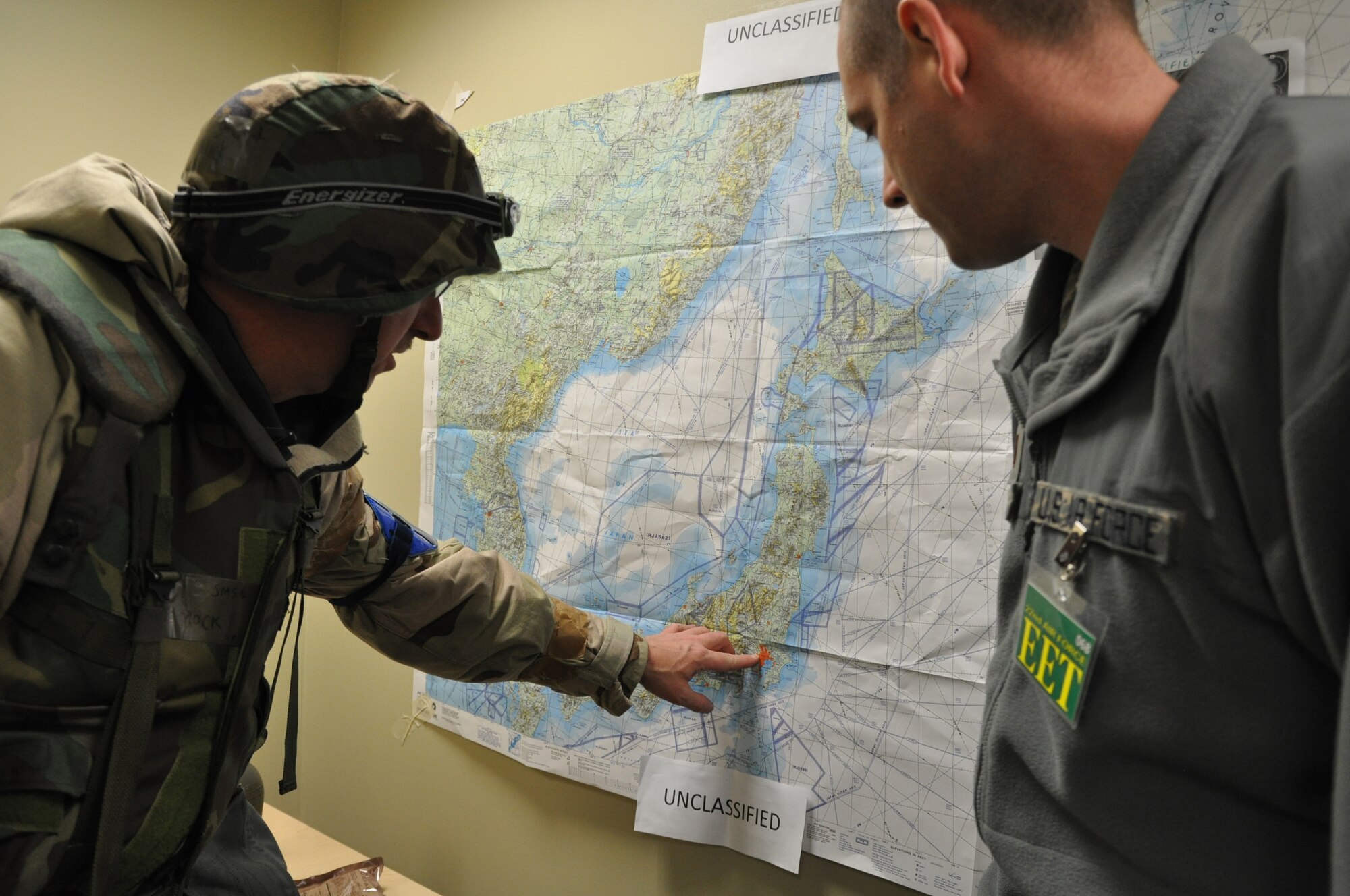 2nd Lt. Ryan Gallagher (right), an intelligence officer with the 910th Operations Support Squadron, discusses exercise information with Senior Master Sgt. Michael Mock, a reservist with the 914th Airlift Wing, Niagara Falls Air Reserve Station, N.Y., April 3.

Gallagher and approximately 29 other 910th Airlift Wing Airmen participated as an Exercise Evaluation Team March 29–April 4, at Alpena Combat Readiness Training Center, Mich. The team evaluated Air Force Reservists and Air National Guardsmen from Niagara Falls Air Reserve Station, N.Y., who demonstrated their war skills during an Operational Readiness Exercise. U.S. Air Force photo by Maj. Colleen VanNatta