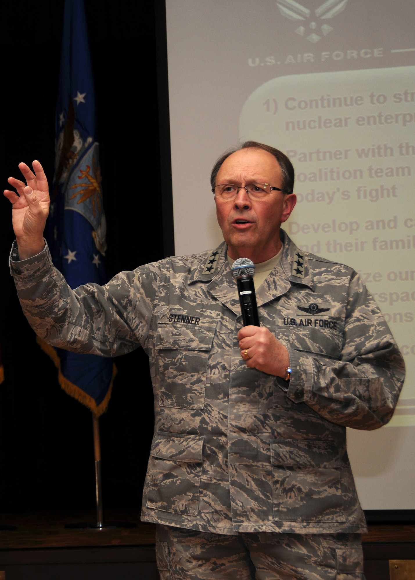 Lt. Gen. Charles E. Stenner, Jr., commander, Air Force Reserve Command, discusses Air Force priorities with the men and women of the 944th Fighter Wing during a townhall meeting at Luke Air Force Base, Ariz., Sunday. (U.S. Air Force Photo by Staff Sgt. Louis Vega) 