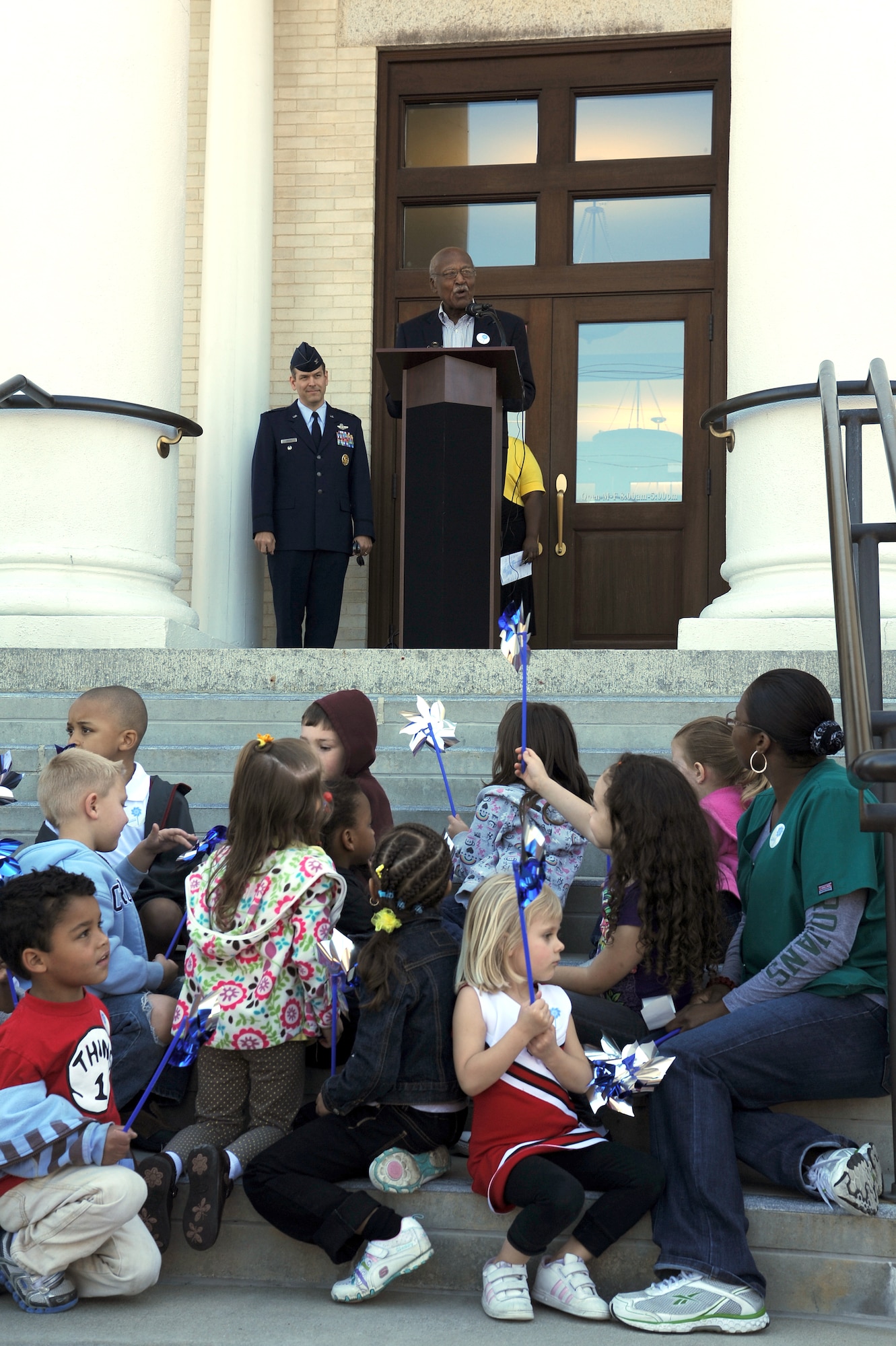 Mayor Alfonzo King speaks to children from the Seymour Johnson Air Force Base Child Development Center during a Child Abuse Prevention Month proclamation ceremony at City Hall in Goldsboro, N.C., April 3, 2012.  King stressed how vital children are to the nation’s future and how the community should work together to prevent child abuse. King is a native of Mt. Olive, N.C. (U.S. Air Force photo/Senior Airman Whitney Stanfield/Released)