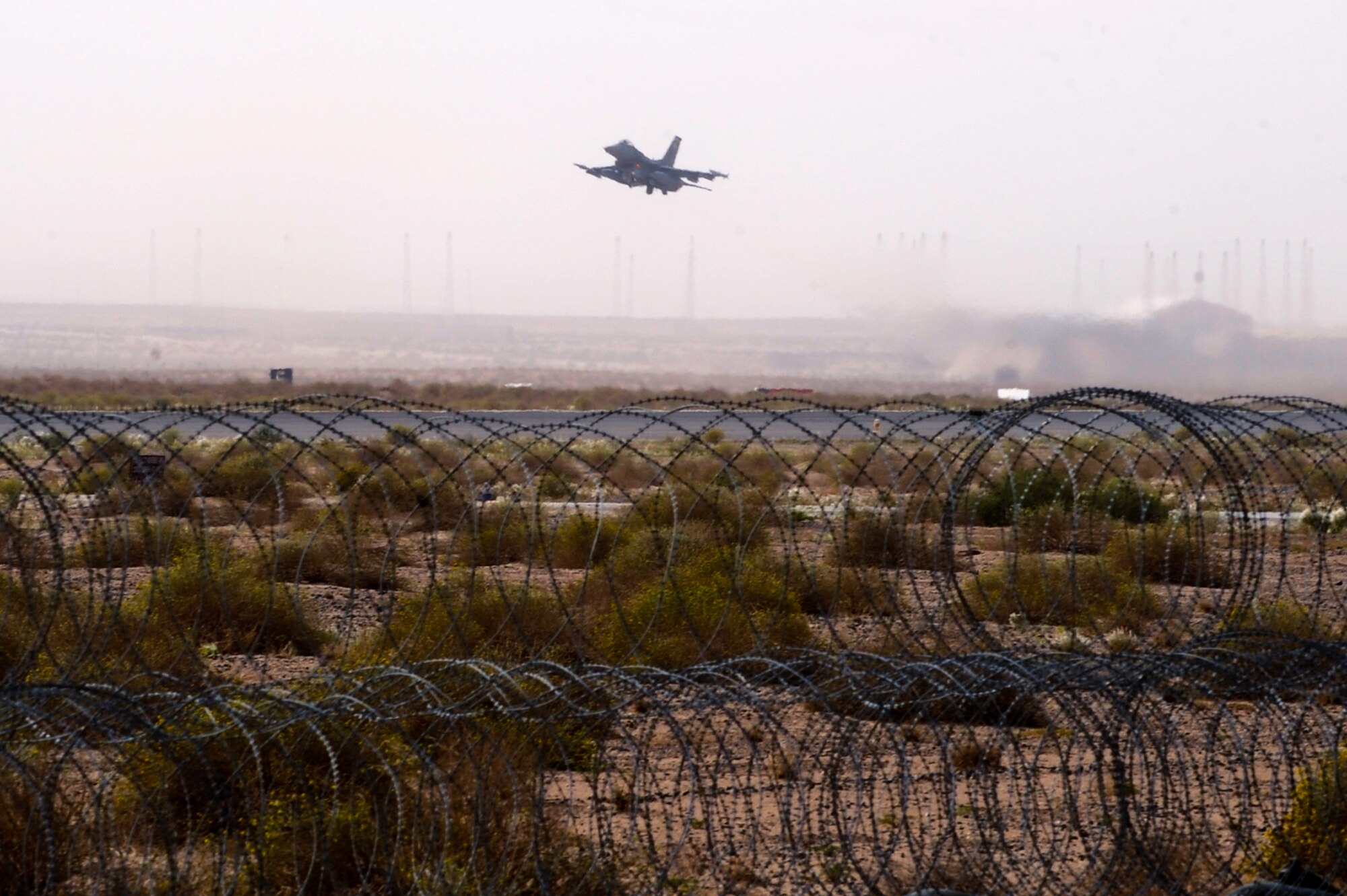SOUTHWEST ASIA -- An F-16 Fighting Falcon takes off here April 3, 2012. Pilots from the 332nd Air Expeditionary Wing pilots perform various missions to ensure their aerial skills remain sharp. These missions enable the wing to fulfill the Combined Forces Air Component Commander priorities of Decisive Airpower and Defend the Region. (U.S. Air Force photo by Staff Sgt. Joshua J. Garcia)