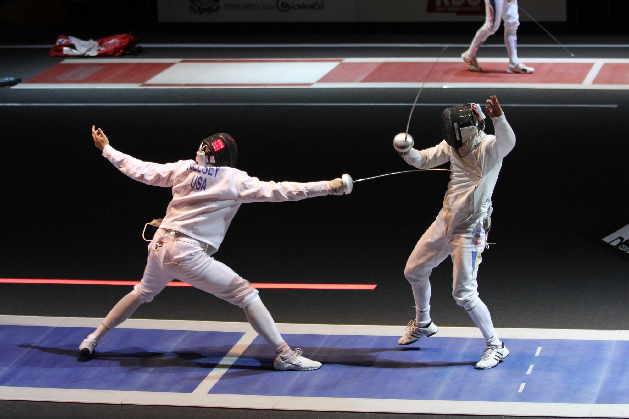 Capt. Weston S. Kelsey, force support officer, 310th Mission Support Squadron at Buckley Air Force Base, Colo., scores the final point in a recent Epee fencing match. Kelsey was named Air Force 2011 Male Athlete of the Year and was also named to the U.S. Olympic team for the 2012 Summer Olympics in London (Courtesy photo)