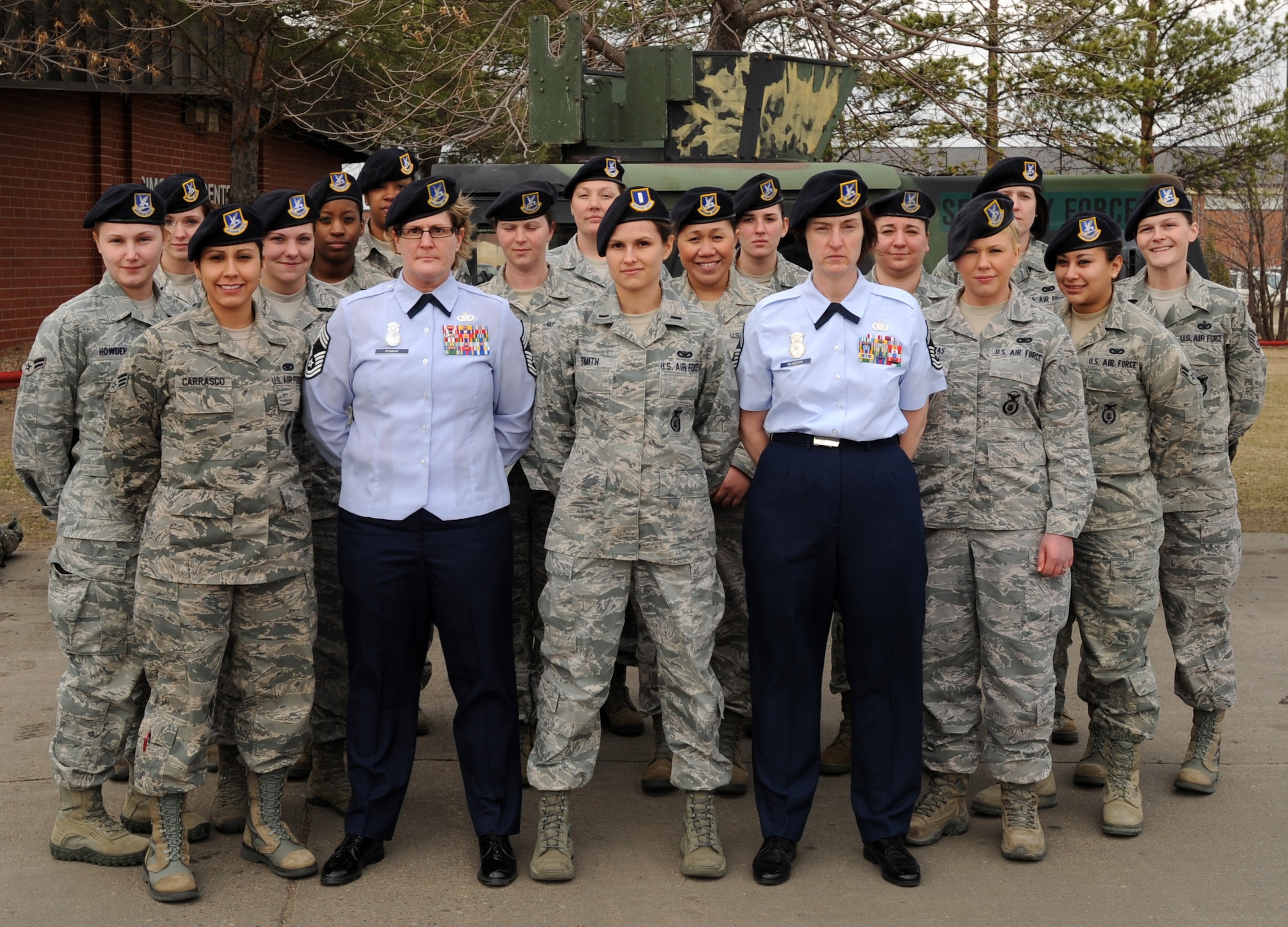 MINOT AIR FORCE BASE, N.D. -- Security forces females comprise 14 percent of overall security forces personnel here at Minot Air Force Base. Team Minot currently has the distinct honor of being the home station to two of seven female chief master sergeants in the security forces career field: Chief Master Sgt. Melissa PerMar, 791st Missile Security Forces Squadron security forces manager and chief select, Senior Master Sgt. Laura Klaczyk, 5th Security Forces Squadron security forces manager. (U.S. Air Force photo/Master Sgt. David Miller)