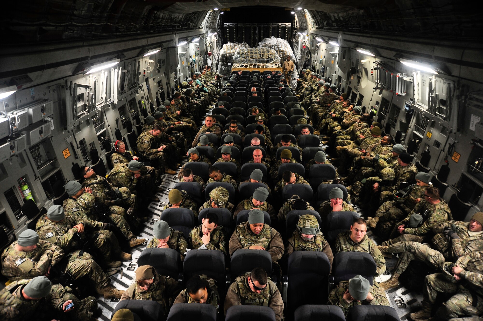 U.S. Army Soldiers and their cargo is secured in a C-17 Globemaster III March 20, 2012, prior to take off from the Transit Center at Manas, Kyrgyzstan.  The C-17 Globemaster III can fit up to 158 passengers and five baggage pallets. (U.S. Air Force photo/Staff Sgt. Angela Ruiz)