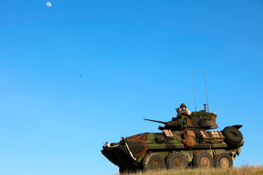 An LAV-25 armament-reconnaissance vehicle prepares to transport Marines, sailors and role players during a personnel recovery exercise on Marine Corps Base Camp Pendleton, Calif., April 4, 2012. The Marines and sailors are assigned to the 3rd Battalion, 5th Marine Regiment, 15th Marine Expeditionary Unit.