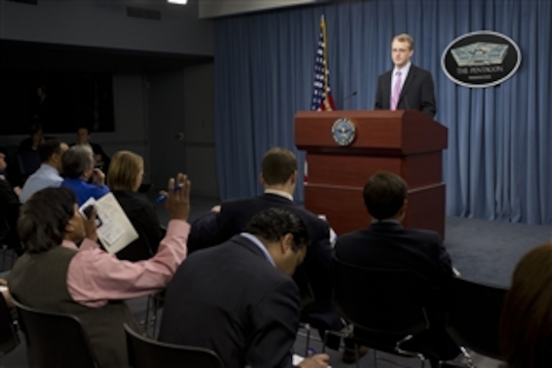 Acting Assistant Secretary of Defense for Public Affairs George Little briefs the press in the Pentagon on April 3, 2012.  