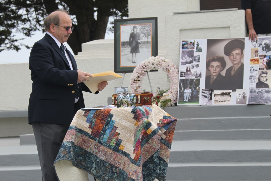 Brian Kornegay, Shirley Kornegay's son, speaks to friends and family members at her funeral April 5 at Fort Rosecrans National Cemetery in San Diego. Shirley was one of the first 49 female Marines to be stationed aboard Marine Corps Recruit Depot San Diego. She passed away March 7 at the age of 89.