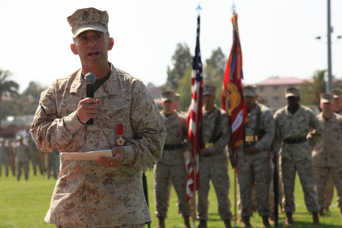 Col. Nicholas F. Marano, Commanding Officer Marine Corps Base Camp Pendleton, speaks at his retirement ceremony after receiving the Legion of Merit with a gold star in lieu of second award, at 11 area parade deck, April 5. Marano received the award for exceptionally meritorious conduct in the performance of outstanding service as commanding officer, Marine Corps Base, Camp Pendleton from June 2009 to April 2012.