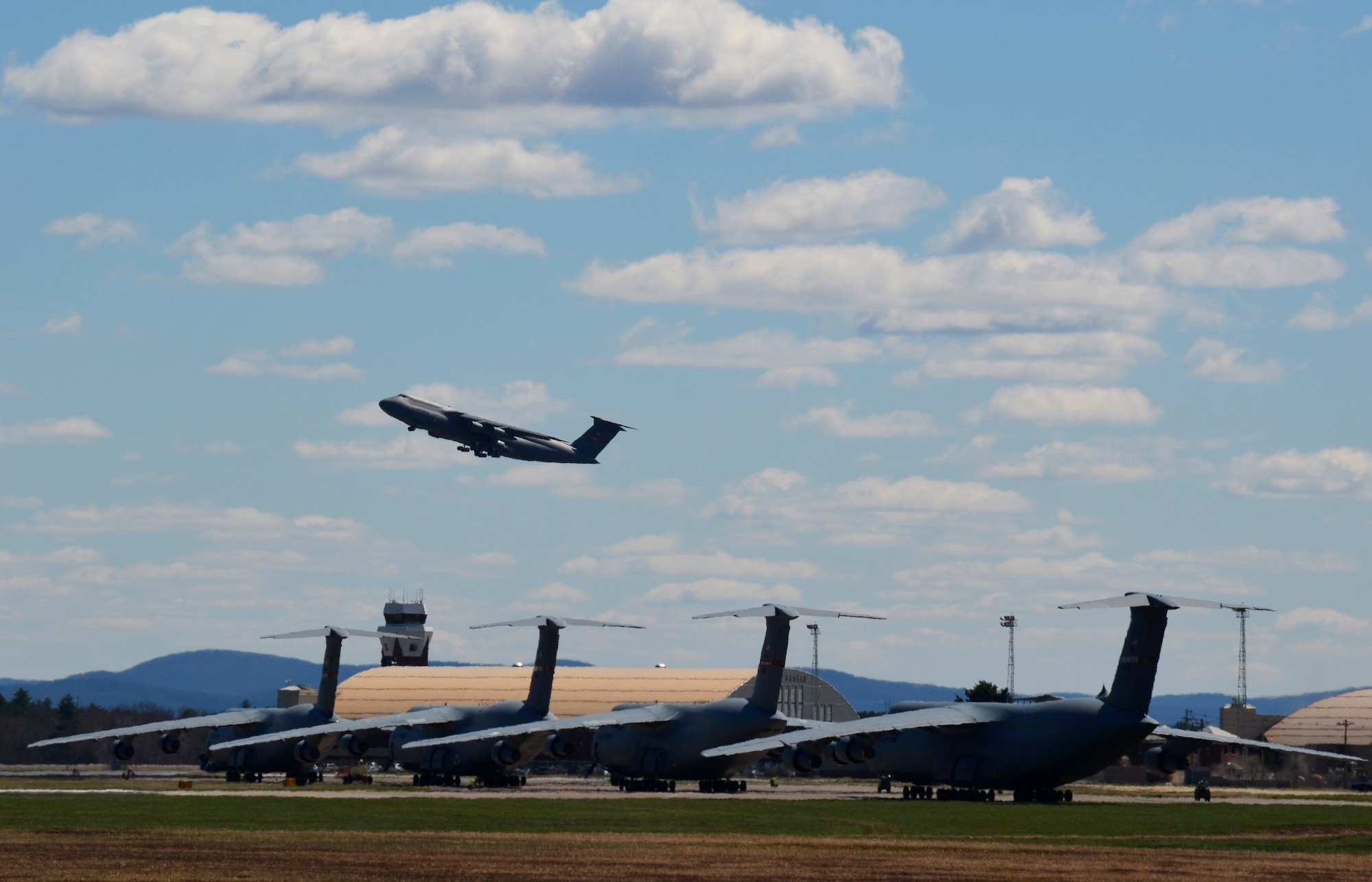 A Westover C-5 Galaxy takes off from the base in Chicopee, Mass. to fly a training mission on April 6, 2012. From Sept. 11, 2001 to Dec. 31, 2011, Westover aircrews transported 193,513 tons of cargo and flew 69,710 hours. (U.S. Air Force photo/SrA. Kelly Galloway)