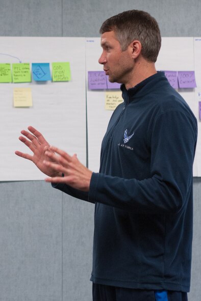 Matt Gruse, an exercise physiologist with the 910th Airlift Wing, briefs 910th Mission Support Group commander Col. Teresa Hams (not shown), on findings and recommendations resulting from a four-day AFSO 21 event. The event was designed to improve the Fit to Fight testing process and Wing currency statistics. U.S. Air Force photo by Eric M. White.