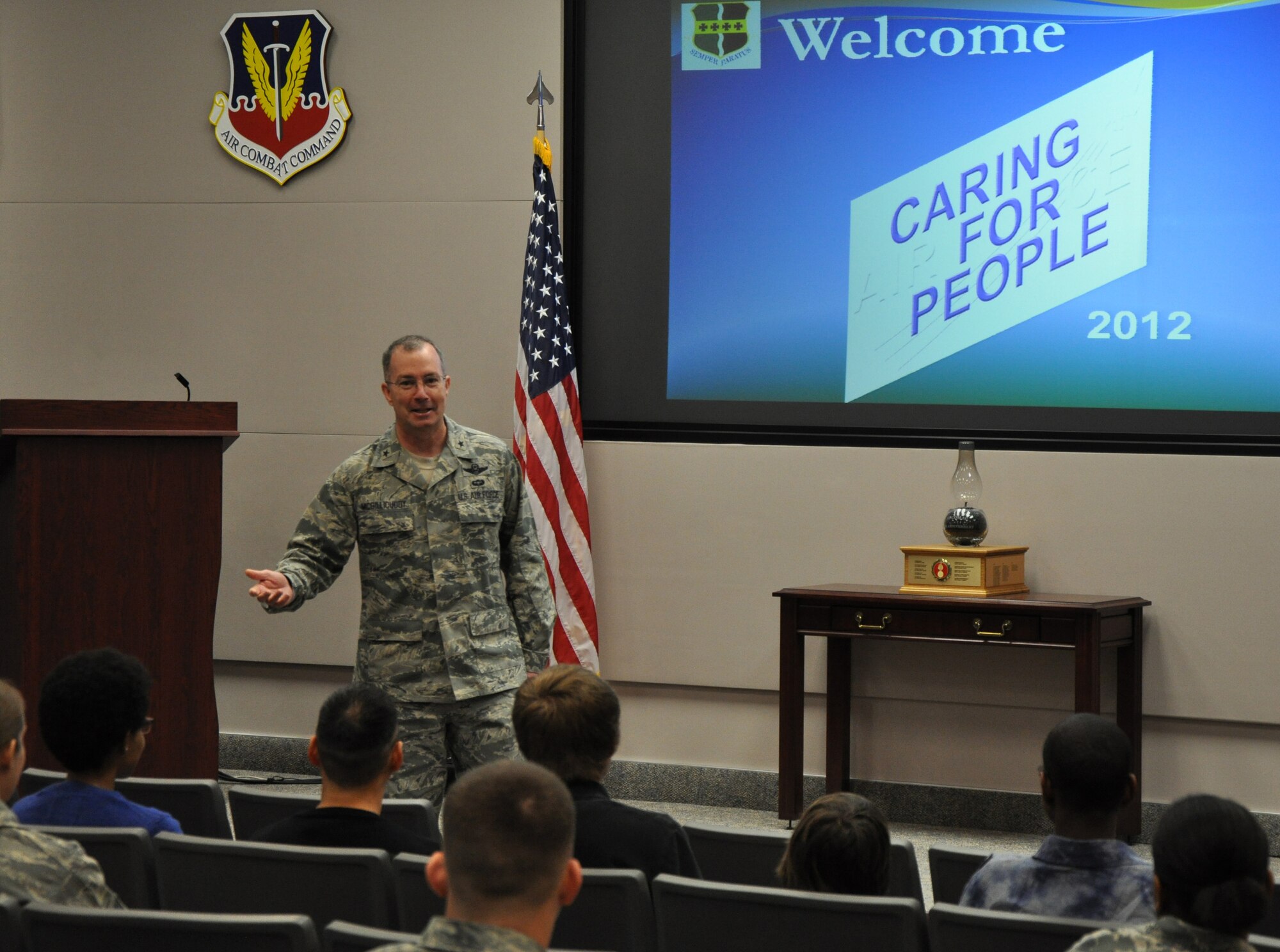 Brig. Gen. Paul McGillicuddy, 9th Reconnaissance Wing commander speaks during the Caring For People Forum at Beale Air Force Base, Calif., March 30, 2012. The forum was set up for members of Team Beale to address base and Air Force concerns. The top two issues were Basic Allowance for Housing for Beale and having a center for the Exceptional Family Member Program at all Air Force bases. (U.S. Air Force photo by Staff Sgt. Robert M. Trujillo/Released) 