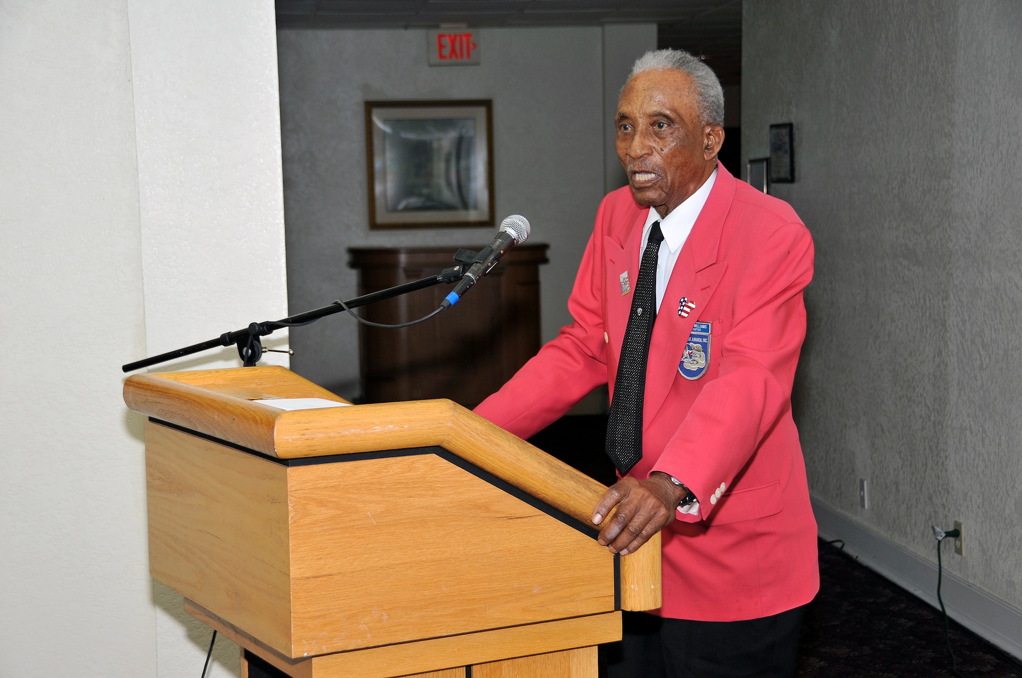 Famed Tuskegee Airman Lt. Col. (Ret) Eldridge Williams provided the keynote address at the 13th Annual Military Affairs Committee Annual Awards Banquet at Homestead Air Reserve Base on Mar. 24.  Born in November 1917, Williams was drafted in 1941 and after a year of service was selected to attend officer training school.  Commissioned a second lieutenant in the Army Air Corps, Williams was assigned to Tuskegee Army Air Field, Ala. (U.S. Air Force photo/Senior Airman Jacob Jimenez)