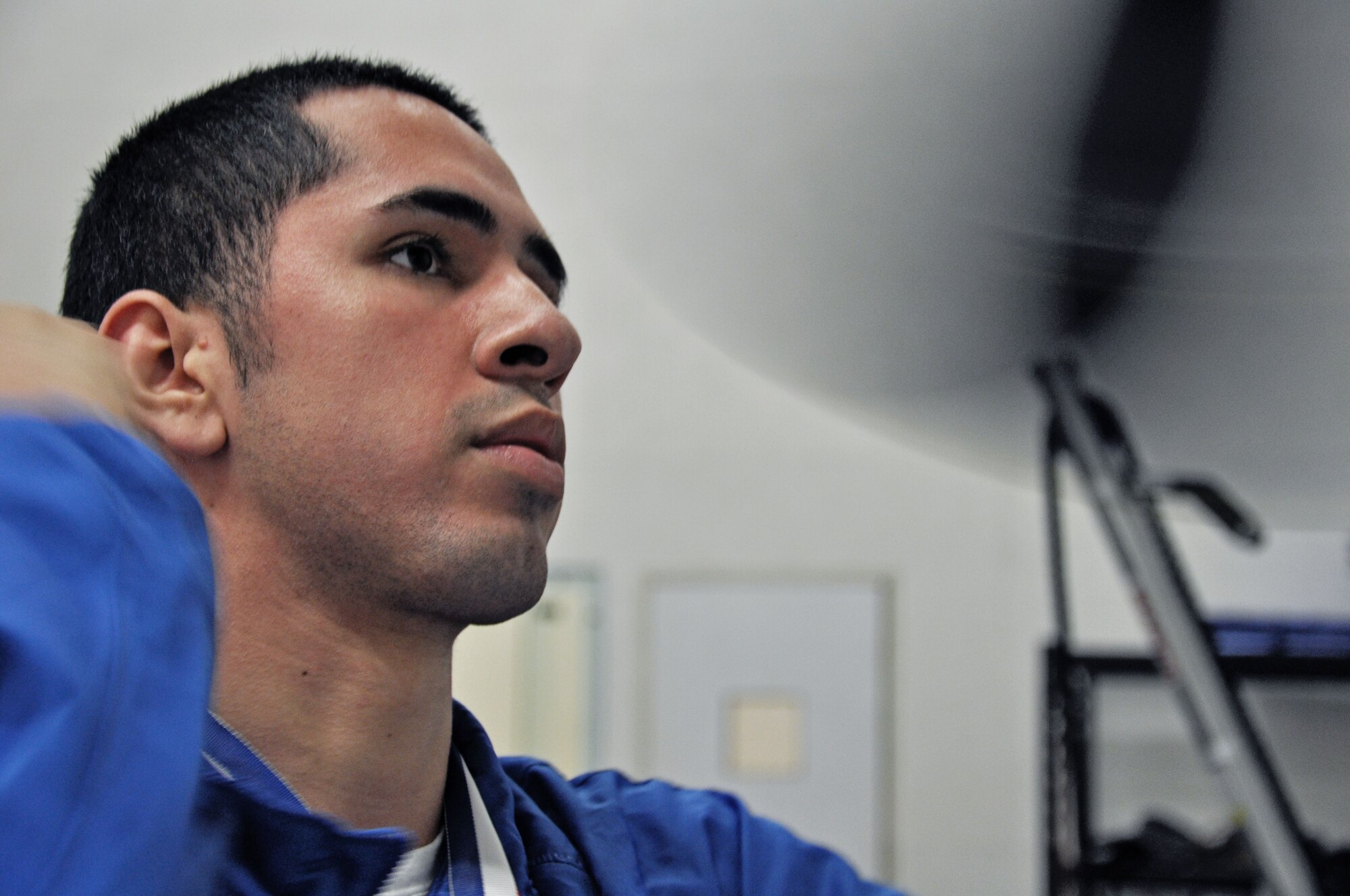 Senior Airman Adam Hassan, 375th Communications Squadron cyber transport systems journeyman, punches a speed bag March 30 at James Gym at Scott Air Force Base, Ill. Hassan is not only ranked the second best boxer in the military, but he is also ranked within the top ten boxers in the U.S. (U.S. Air Force photo/Airman 1st Class Jake Eckhardt)