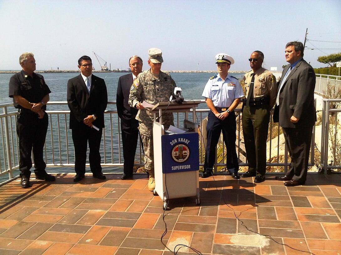 Corps leaders, Los Angeles County officials and first responders gathered to celebrate the start of dredging operations in the harbor at Marina del Rey, Calif., April 5.  Removing sediment from the navigation channel there will enhance safety for government, commercial and recreational boaters.