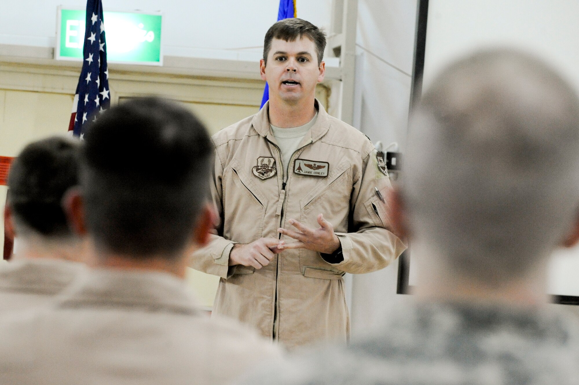 CAMP BUEHRING, KUWAIT -- Lt. Col. Jamie Conley, 82nd Expeditionary Air Support Operations Squadron commander, addresses audience members during the activation ceremony here April 6, 2012. Conley assumed command of the newly activated squadron during the ceremony. Conley is a native of Auburndale, Fla. (U.S. Air Force photo by Staff Sgt. Joshua J. Garcia)