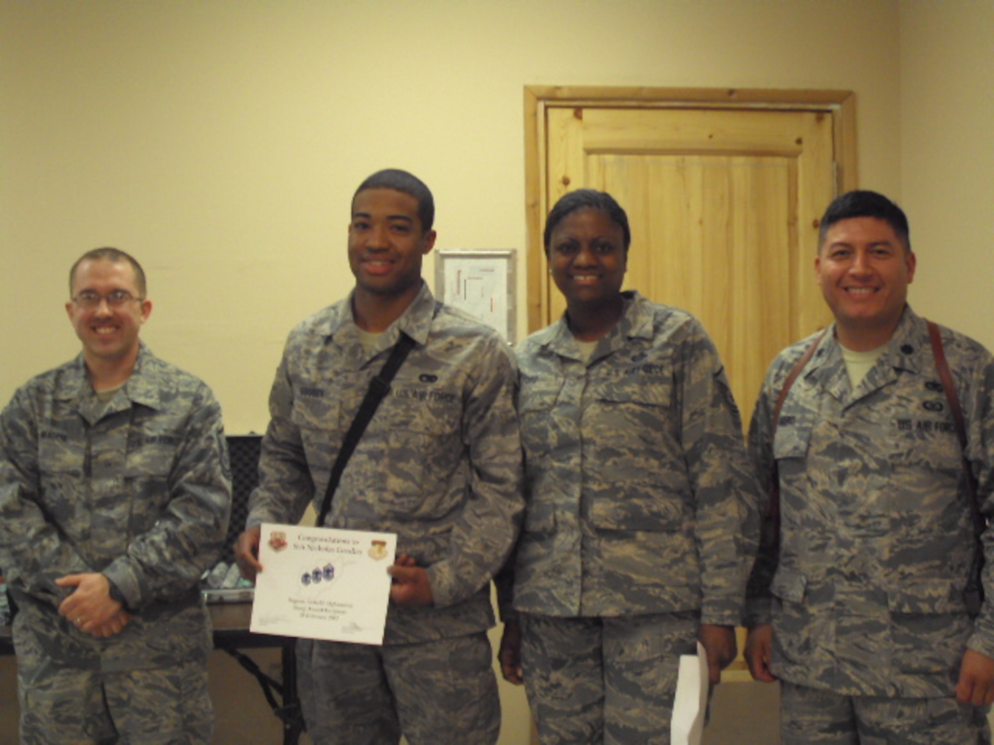 As you know, I don't have anyone who works for or with me but I was impressed with the SrA I met while volunteering at the Tops in Blue show.
 -Sharp rising Airman, made SrA BTZ, will sew on SSgt this year, received his Bachelors degree and on his way to an assignment to be an MTI; and he has just celebrated his 4th year on active duty.  He has volunteered countless hours with Tops in Blue, instructing the spin class, VP of Airman Mentoring counsel for LRS, USO and 5/6 all in the one month that he has been here. He is instrumental in the repairing and restoring of ambulances to 100% capability; which is vital to the mission here in the AOR.  His supervisor lauds that he "is the bright star of the shop. His positive attitude always brightens up my day."  He actually calls him his "little ray of sunshine!"
