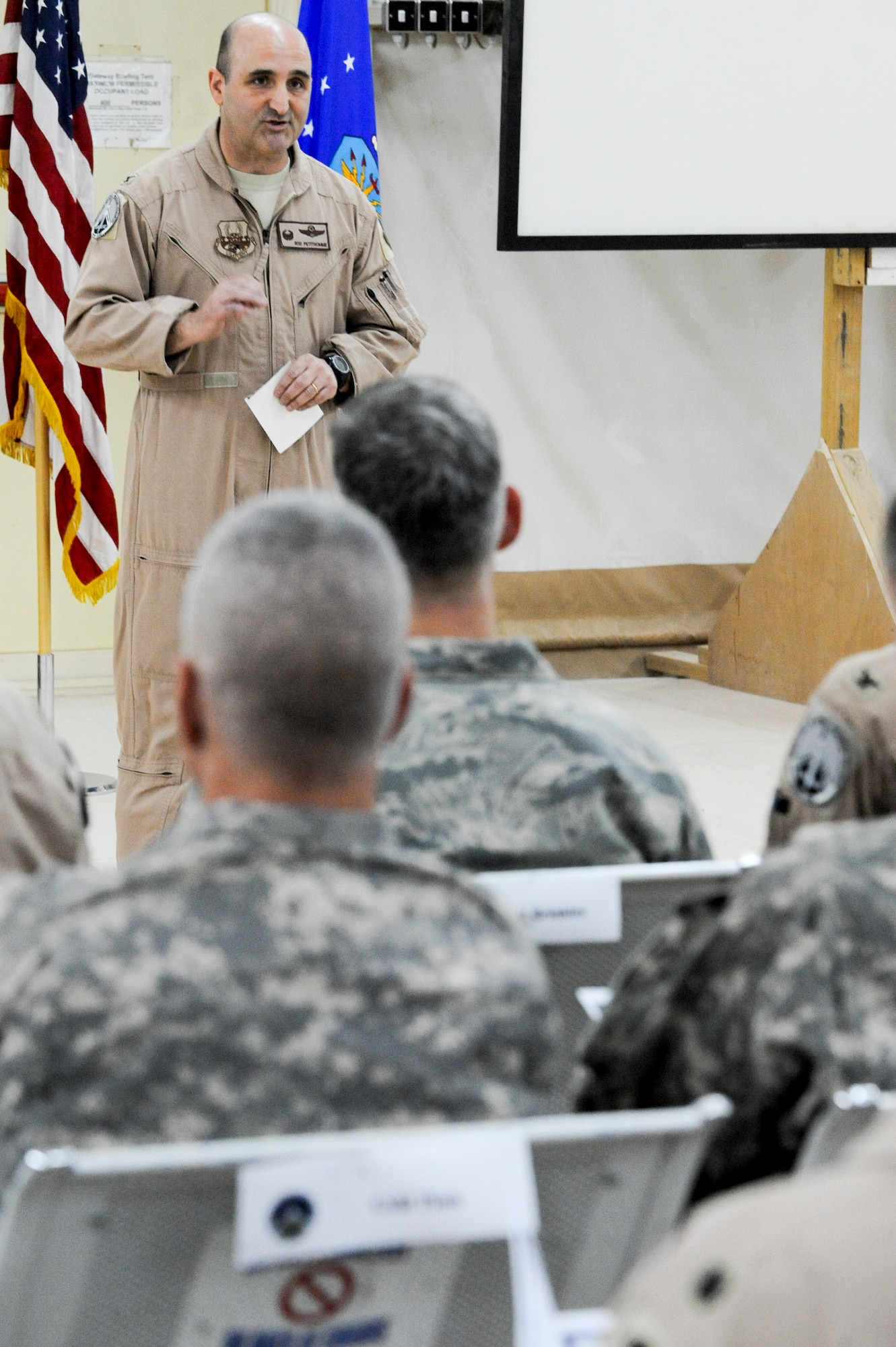 CAMP BUEHRING, KUWAIT -- Col. Rodney Petithomme, 332nd Expeditionary Operations Group commander, addresses the audience during the activation ceremony of the 82nd Expeditionary Air Support Operations Squadron here, April 6, 2012.  Petithomme is deployed from Osan Air Base, Korea, and is a native of Clovis, Calif.  (U.S. Air Force photo by Staff Sgt. Joshua J. Garcia)