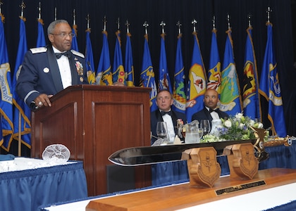 Retired Maj. Gen. Alfred K. Flowers speaks at his Order of the Sword ceremony held April 6, at Joint Base San Antonio-Randolph, Texas. The Order of the Sword was establised by the Air Force enlisted force to recognize and honor senior military officers and civilian equivalents. (U.S. Air Force photo by Joel Martinez)