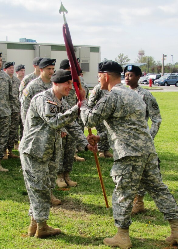 U.S. Army Capt. Ross V. Montfort, left, assumed command of Medical Company, McDonald Army Health Center, in a change of command ceremony at Fort Eustis, Va., March 30.  Montfort, a native of the Washington D.C., replaced Capt. Nykeba L. Jackson as the company commander. (U.S. Army photo by Marlon Martin/Released)