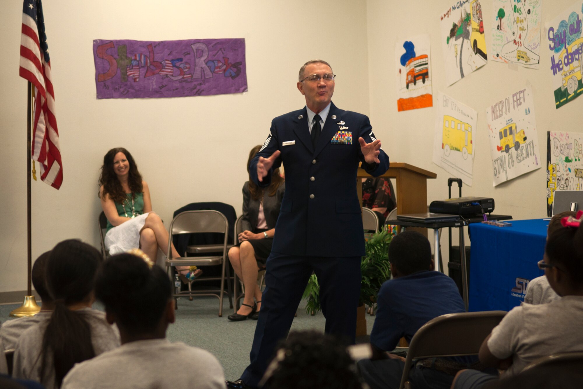 Master Sgt. Jeff Walston, a public affairs technician assigned the 307th Bomb Wing, Barksdale Air Force Base, La., speaks to a group of 5th graders at Central Park Elementary school in Bossier City, La., April 5, 2012. Walston was the guest speaker for a graduation ceremony at the school.  The students completed an exciting 25-hour hands on/minds on aviation and aerospace course offered to area 5th grade students and their teachers by STARBASE Louisiana, at Barksdale. The program is one of 60 national STARBASE sites, and is sponsored by the 307th BW of the Air Force Reserve Command. Many U.S. Air Force servicemembers volunteer to speak at the graduation ceremonies to help motivate the students to continue their education. This was Walston’s third graduation ceremony. Speakers are always welcomed and always needed. Any officer or senior non-commissioned officer interested in motivating these young people should contact the 307th Bomb Wing Public Affairs Office at 318-529-3023 to be put on the speaker’s list. (Courtesy photo by Eva Klimentova)