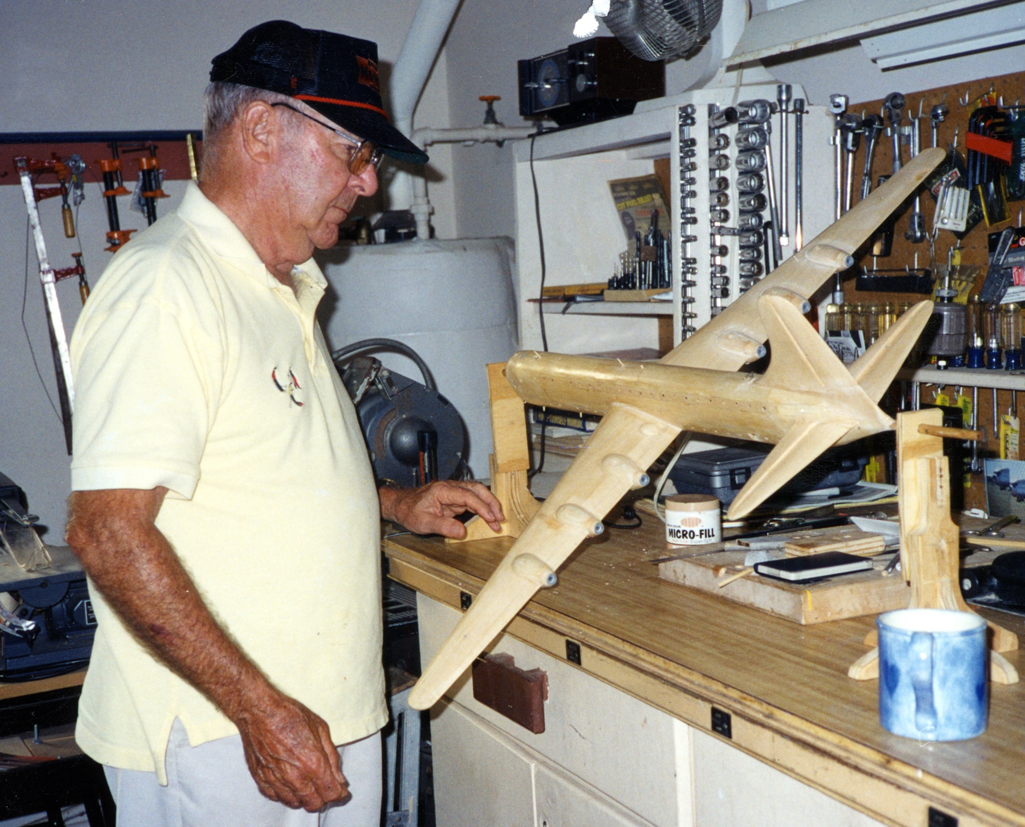 Using measurements taken from the original aircraft and photographs, Lt. Col. Howard T. Meek (USAF, Ret) constructed this 1/72 scale model of the XC-99 from scratch using various types of wood. (U.S. Air Force photo).