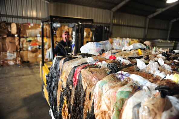 WHITEMAN AIR FORCE BASE, Mo. – Jeff Willming, 509th Force Support Squadron material handler, drives a forklift to move a pallet of plastic bags March 29 at the Whiteman Recycling Center. As part of Earth Day 2012, Team Whiteman is encouraged to reduce, reuse and recycle as often as possible to protect planet Earth’s natural resources. (U.S. Air Force photo/Senior Airman Nick Wilson)