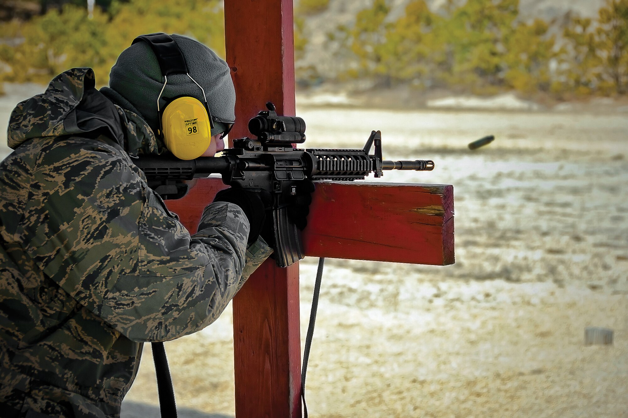 Tech. Sgt. Anthony Vespa, 514th Security Forces Squadron, trains with his M4 Carbine at the firing range at Joint Base McGuire-Dix-Lakehurst, N.J., March 10, 2012. Vespa and other security forces Airmen joined combat arms instructors as they practiced the Air Force’s new rifle qualification course. (U.S. Air Force photo/Shawn J. Jones)