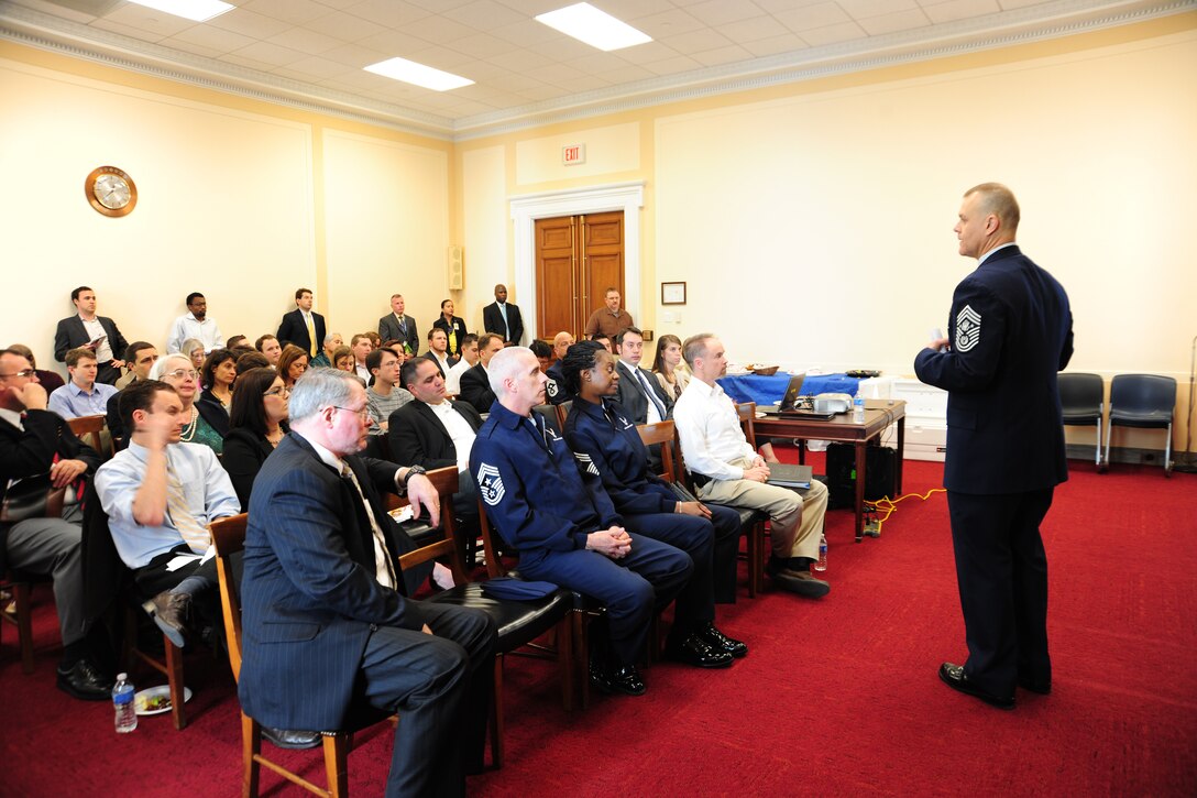 WASHINGTON -- Cheif Master Sgt. of the Air Force James A. Roy addressed a small group of civic leaders and DOD personnel on the importance of building a total force culture of resiliency on Capitol Hill April 5.  In effort to prevent suicide, the Air Force is developing several new programs to help identify Airmen who may need help. (U.S. Air Force photo/Senior Airman Amber Russell)