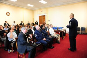 WASHINGTON -- Cheif Master Sgt. of the Air Force James A. Roy addressed a small group of civic leaders and DOD personnel on the importance of building a total force culture of resiliency on Capitol Hill April 5.  In effort to prevent suicide, the Air Force is developing several new programs to help identify Airmen who may need help. (U.S. Air Force photo/Senior Airman Amber Russell)