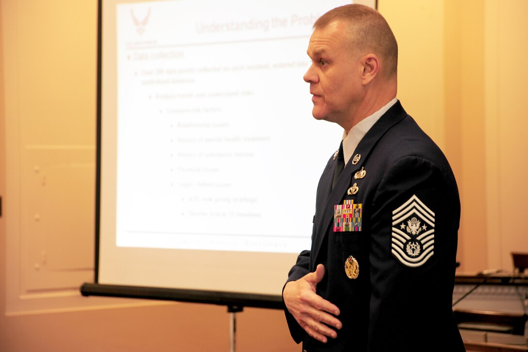 WASHINGTON -- Cheif Master Sgt. of the Air Force James A. Roy addressed a small group of civic leaders and DOD personnel on the importance of building a total force culture of resiliency on Capitol Hill April 5.  In effort to prevent suicide, the Air Force is developing several new programs to help identify Airmen who may need help. (U.S. Air Force photo/Senior Airman Amber Russell)