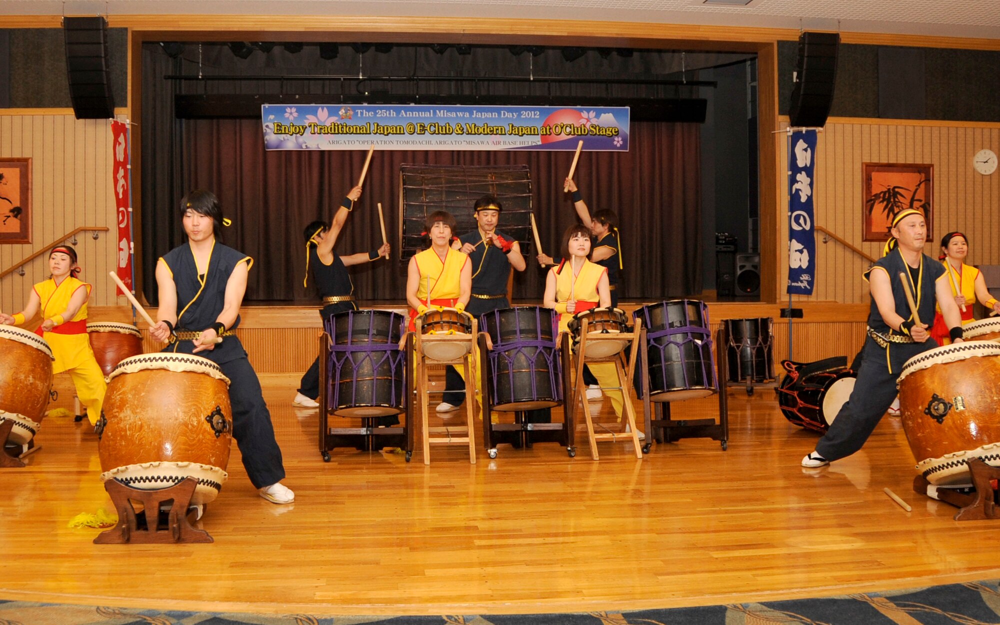 Tawada Suijin Thunder Drummers perform with Taiko drums during the 25th Annual Japan Day at Misawa Air Base, Japan, April 7, 2012. Taiko originated as a form of spiritual worship but now it is commonly used in a variety of settings. (U.S. Air Force photo by Airman 1st Class Kaleb Snay/Released)