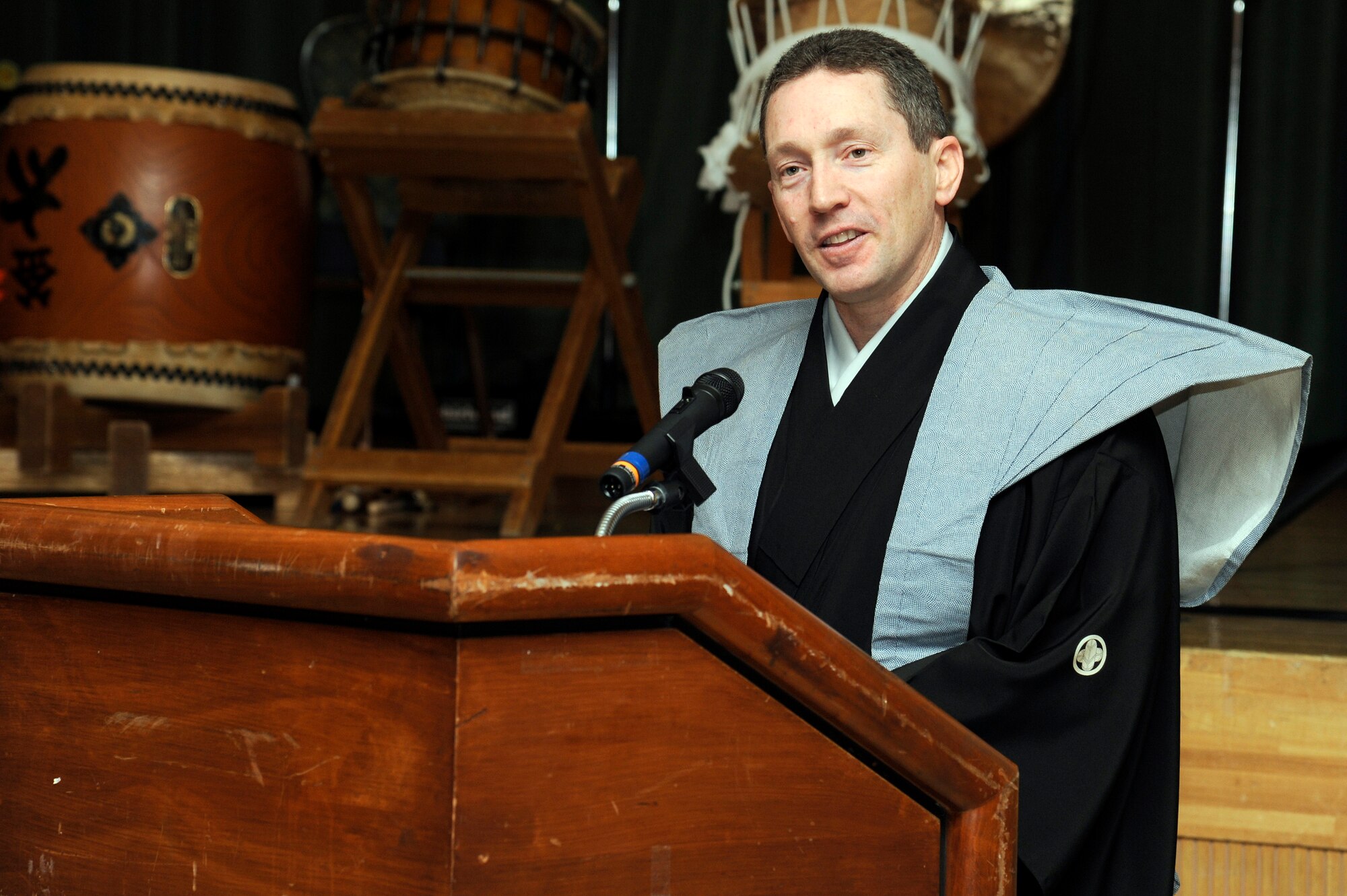 U.S. Air Force Col. Michael D. Rothstein, 35th Fighter Wing commander, gives opening remarks during the 25th Annual Japan Day opening ceremony at Misawa Air Base, Japan, April 7, 2012. Attending Misawa residents immersed themselves in traditional and modern dancing, music, singing and drumming performed by local groups and schools. (U.S. Air Force photo by Tech. Sgt. Marie Brown/Released)
