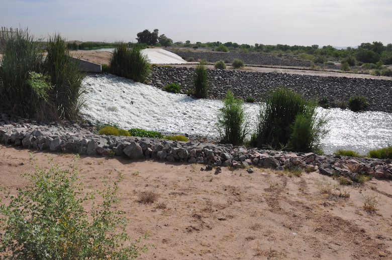 The "waterfall" from the Tres Rios Flow Regulating Wetlands flows into the Salt River from the 91st Ave. Wastewater Treatment Facility. The U.S. Army Corps of Engineers partnered with the City of Phoenix to build the riparian habitat in Phoenix's West Valley. 