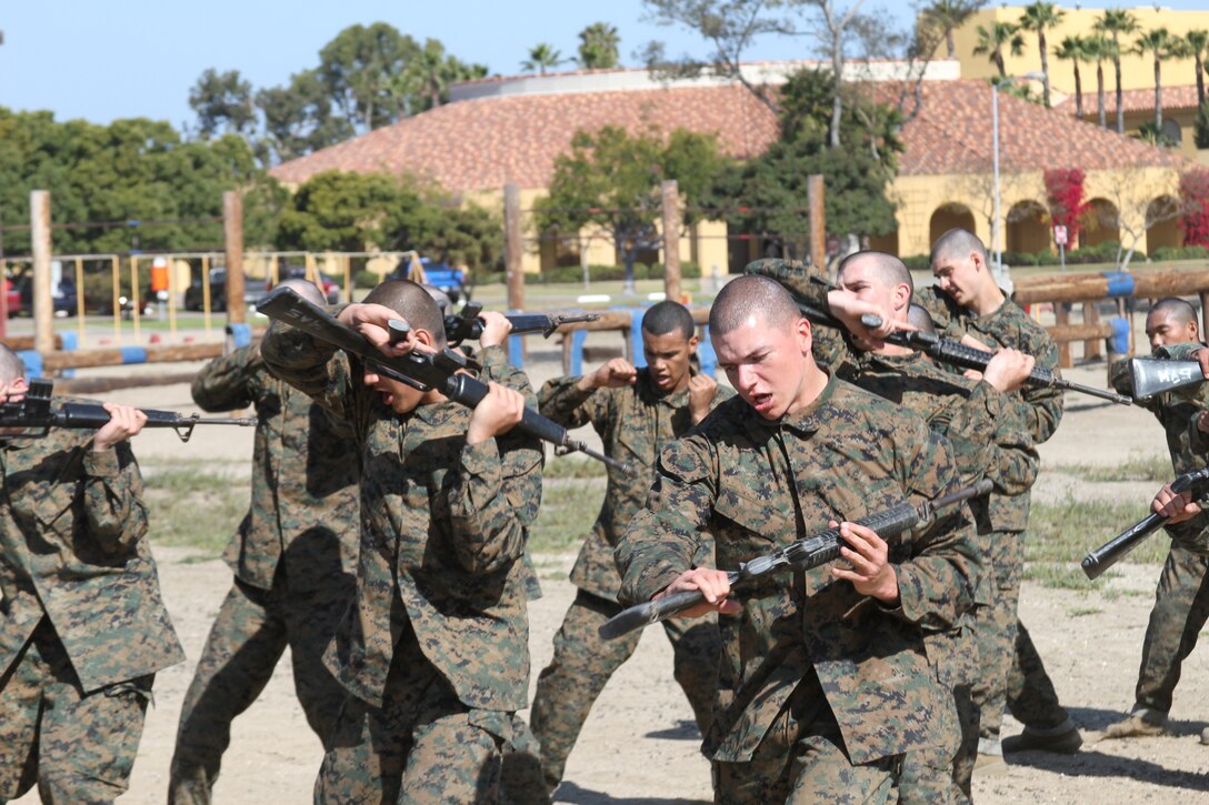 Recruits of Company I, 1st Recruit Training Battalion, perform horizontal butt strokes with rubber rifles while waiting for their squad to finish an obstacle on the confidence course aboard Marine Corps Recruit Depot San Diego April 9. Between obstacles recruits perform various Marine Corps Martial Arts techniques to keep their heart rates up.::r::::n::