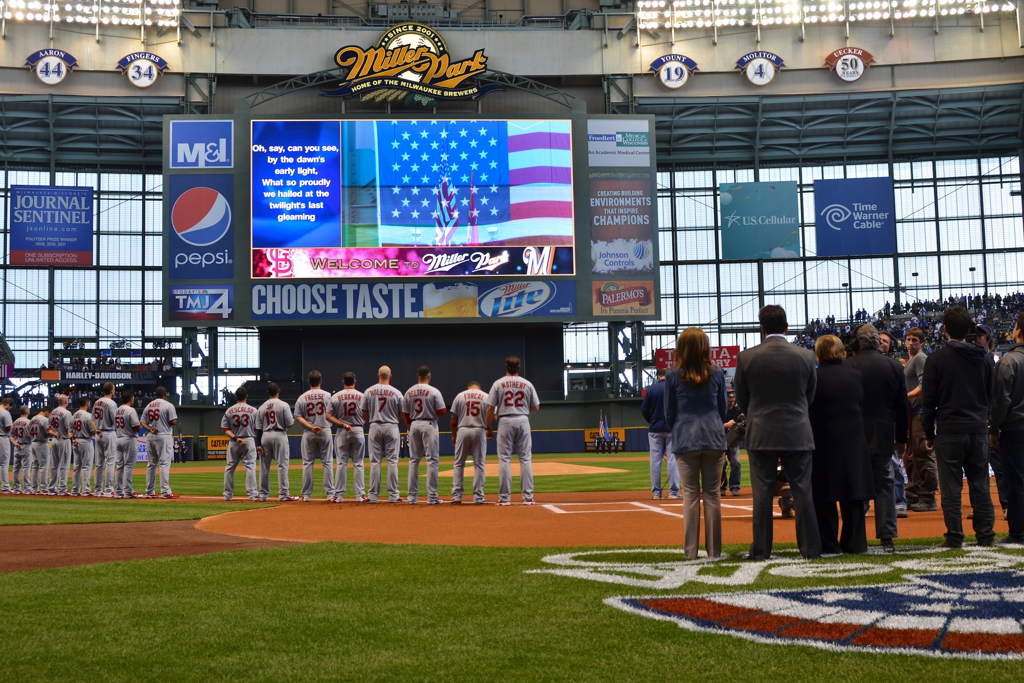 The 128th Air Refueling Wing’s Honor Guard present the colors during the National Anthem for the Milwaukee Brewers’ Opening Day game vs. the World Series Champion St. Louis Cardinals at Miller Park in Milwaukee Friday, April 6, 2012. The 128th's Honor Guard is a regular participant in many community events in the Milwaukee area.(U.S. Air Force Photo by: Senior Master Sgt. Jeffrey A. Rohloff) (Released)