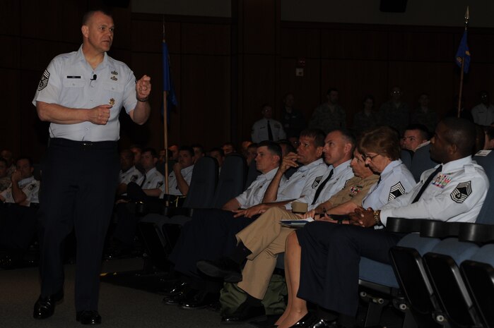 Chief Master Sergeant of the Air Force James Roy speaks to Airmen at Joint Base Charleston - Air Base April 9. Roy held the enlisted call to speak to Airmen about their future in today's Air Force. He also held a question and answer session during the event. Roy represents the Air Force's highest enlisted level of leadership. (U.S. Air Force photo/ Airman 1st Class Chacarra Walker)