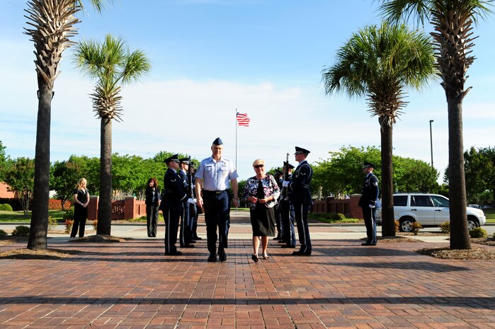 Chief Master Sergeant of the Air Force James Roy and his wife Paula arrive at Joint Base Charleston - Air Base April 9. Roy is the Air Force's 16th chief master sergeant of the Air Force and represents the highest level of enlisted leadership. (U.S. Air Force photo/Staff Sgt. Katie Gieratz) 