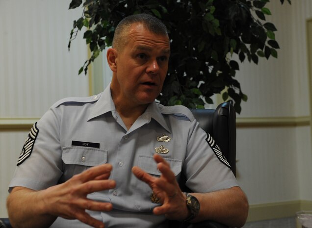 Chief Master Sergeant of the Air Force James Roy answers questions during an interview by Senior Airman Ian Hoachlander at Joint Base Charleston - Air Base April 9. Roy is the 16th Chief Master Sgt. of the Air Force and represents the highest enlisted level of leadership. Hoachlander is from the 628th Air Base Wing Public Affairs office. (U.S. Air Force photo / Airman 1st Class Ashlee Galloway)