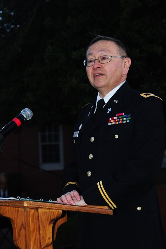 U.S. Army Chap. (Col.) Kenneth Bush, 633rd Air Base Wing deputy chaplain, provides a sermon during the Easter Sunrise service at Fort Eustis' Regimental Memorial Chapel April 8, 2012. (U.S. Air Force photo by Staff Sgt. Ashley Hawkins/Released)