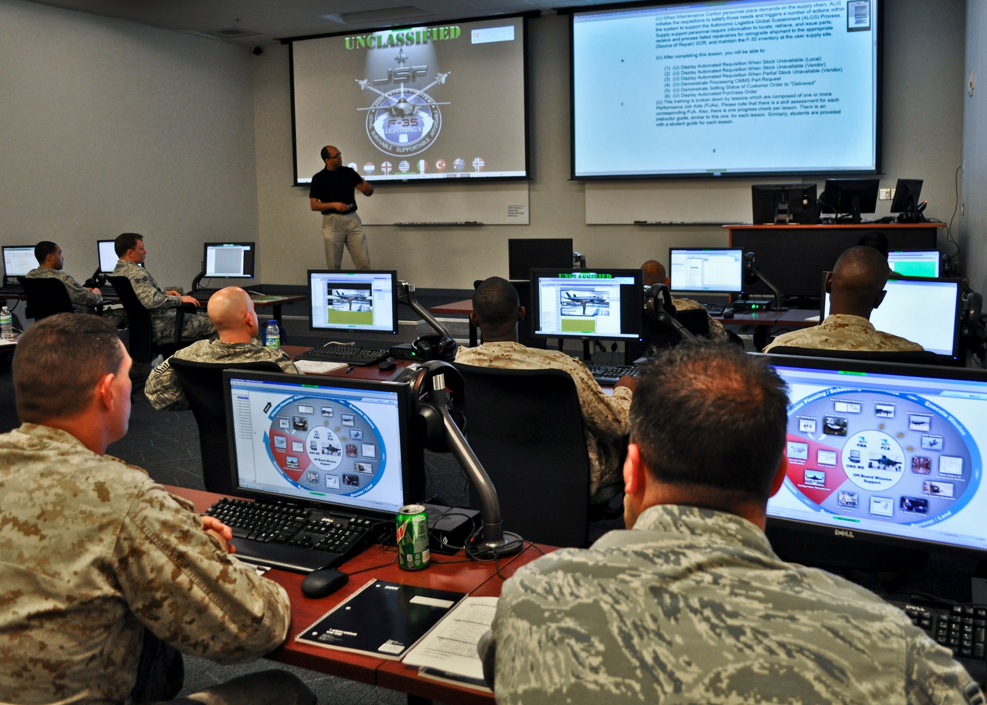 Airmen from Eglin’s 96th Logistics Readiness Squadron; and three F-35 units, the Air Force’s 33rd Aircraft Maintenance Squadron; the Navy’s Strike Fighter Squadron 101, and the Marine Corps, Fighter Attack Training Squadron 501, take an Autonomic Logistics Information System Supply Course at the F-35 Academic Training Center. The four-day familiarization class was the first-ever ALIS supply course completed since the ATC began commencement of formal training Mar 19. The students were introduced to the main tools they will learn more about in ALIS.  (U.S. Air Force photo/Maj. Karen Roganov)