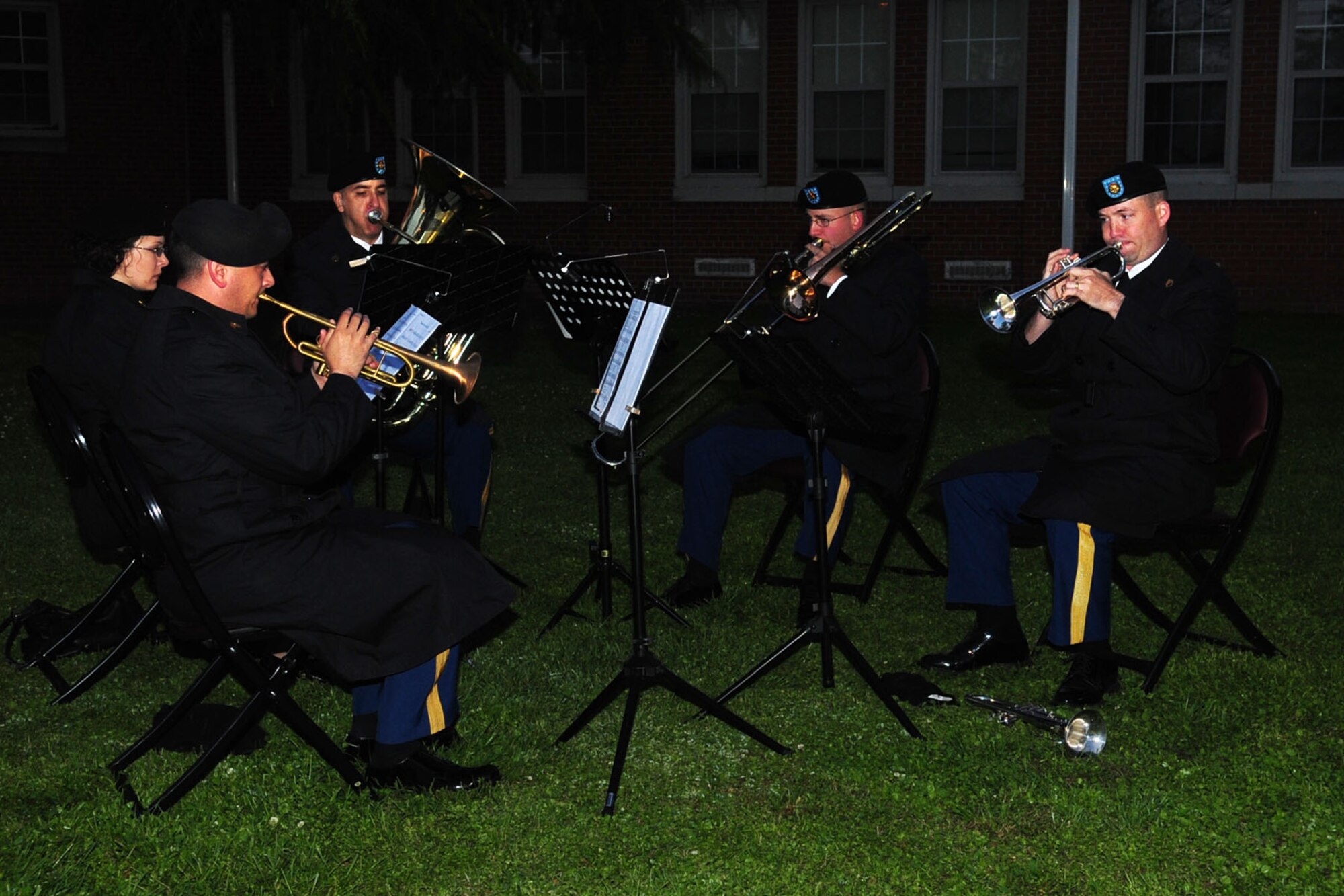 The U.S. Training Doctrine and Command brass quintet performs “Christ the Lord Is Risen Today” during the Easter Sunrise service at Fort Eustis' Regimental Memorial Chapel April 8, 2012. (U.S. Air Force photo by Staff Sgt. Ashley Hawkins/Released)