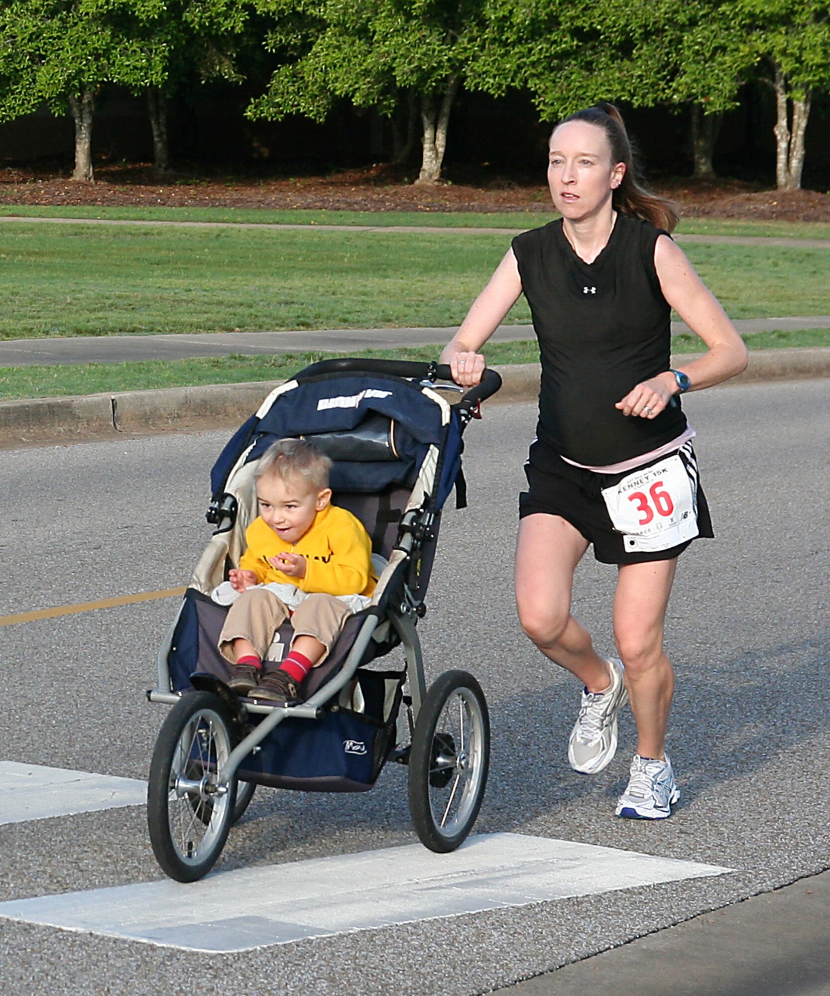 A participant and his mother take part in the Heritage of Air Power Kenney 15K race at Maxwell Air Force Base, Ala., April 6 (Photo by Kelly Deichert)