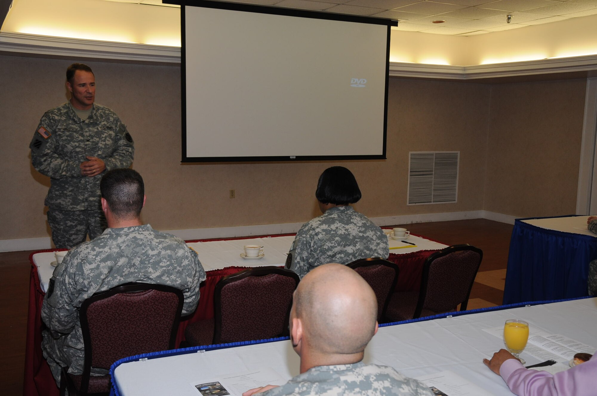 U.S. Army Col.Thomas R. Wetherington, 733rd Mission Support Group commander, gives opening remarks during the Army Emergency Relief assistance campaign at the Fort Eustis Club at Fort Eustis, Va., March 21, 2012. The program offers interest-free loans up to $1,000 for terms of between 12 and 24 months. (U.S. Air Force photo by Tetaun Moffett/Released)